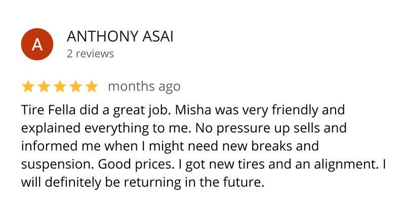 Google review from a Tire Fella customer